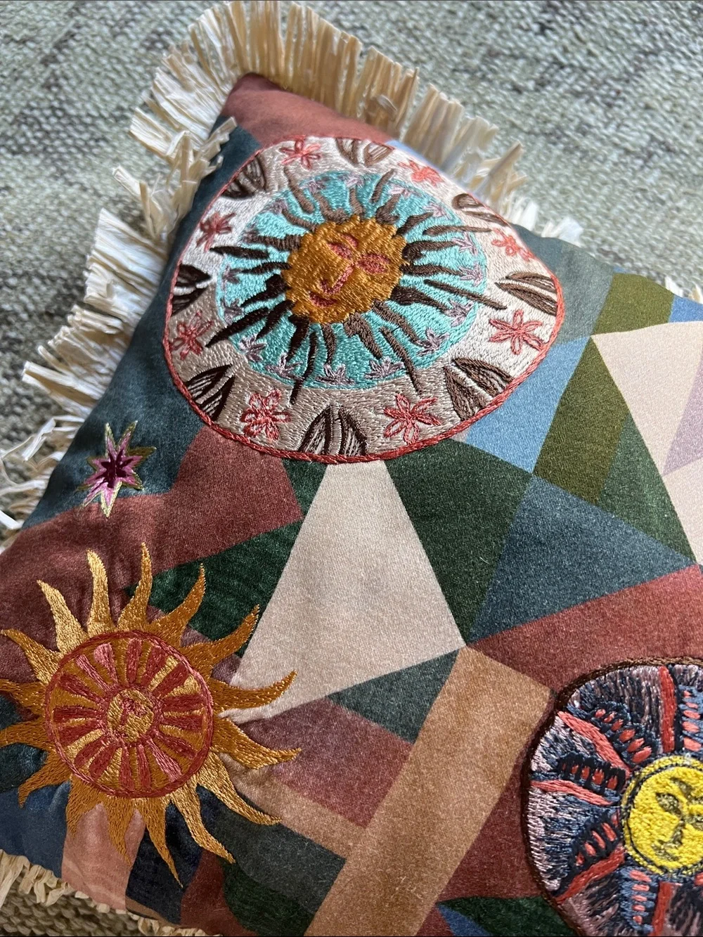 Christian Lacroix Multicolor Embroidered Sun Motif Pillow with Fringe